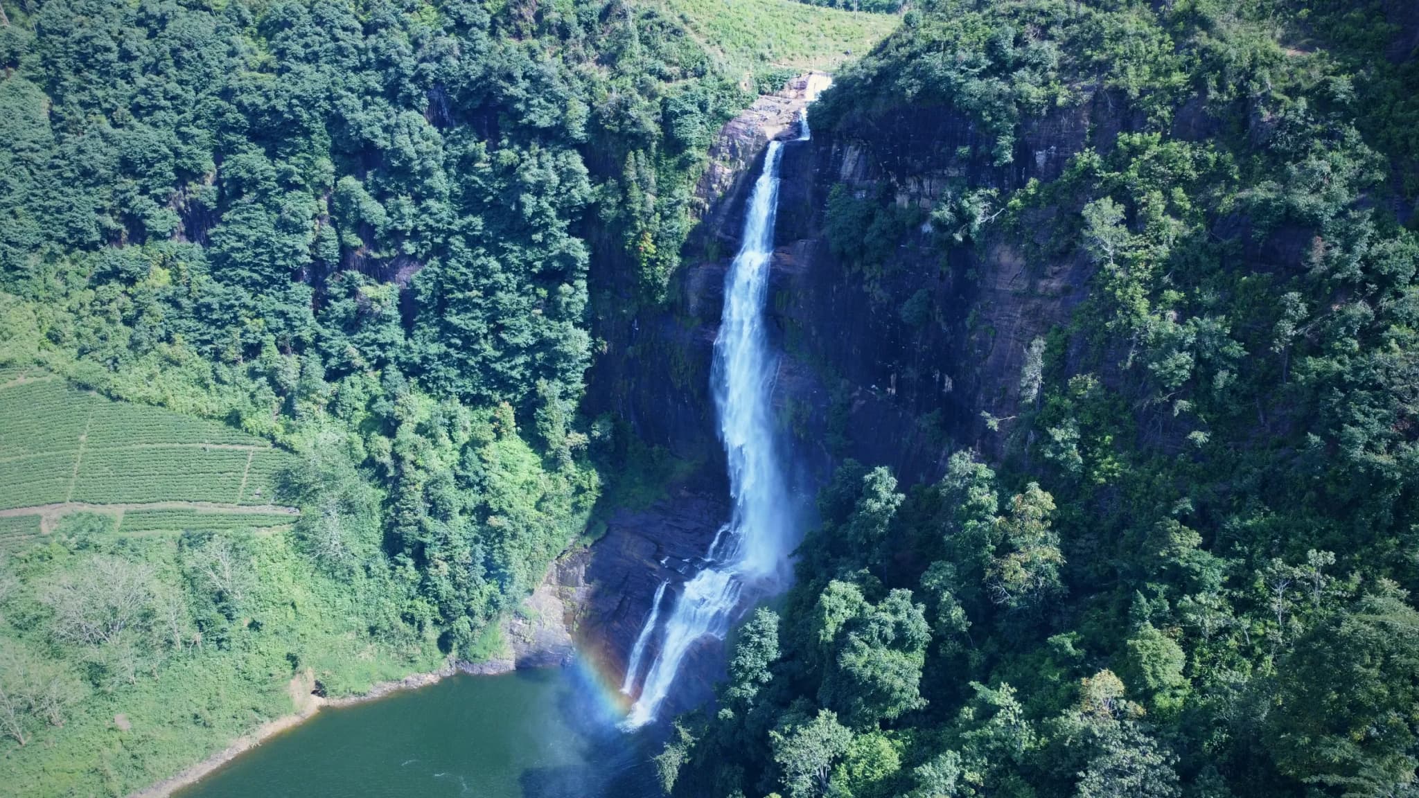 Drone photo of Gartmore Falls, Maskeliya, Sri Lanka