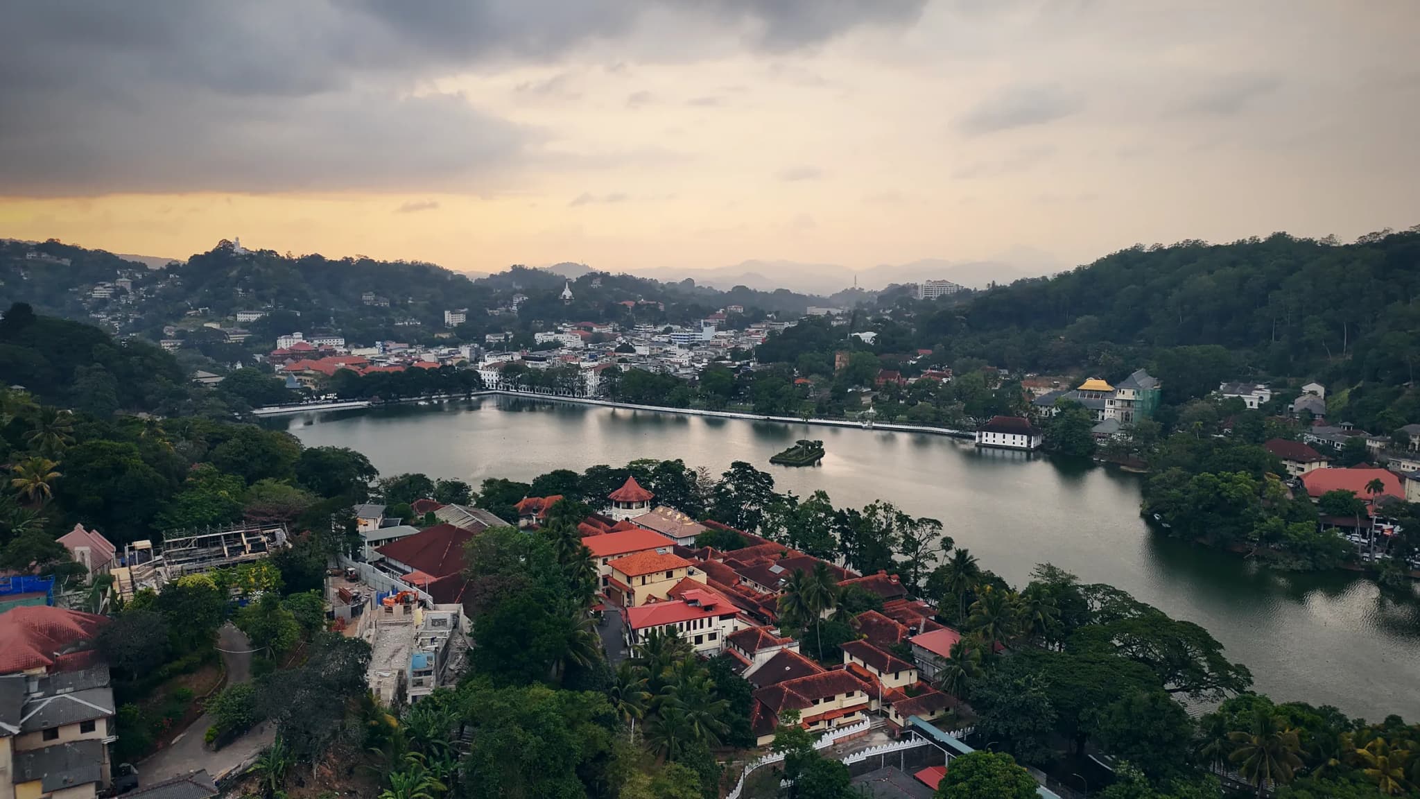 Drone photo of Kandy Lake at Dusk, Kandy, Sri Lanka
